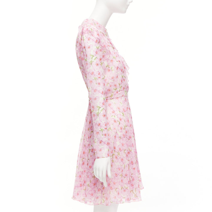GIAMBATTISTA VALLI 100% silk pink floral illustration print ruffle dress