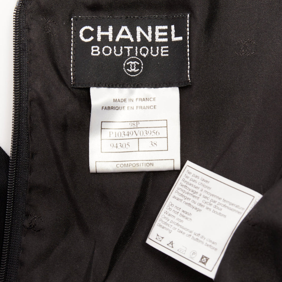 CHANEL 1998 asymmetric surplice black wool crepe cocktail sheath dress FR38 M