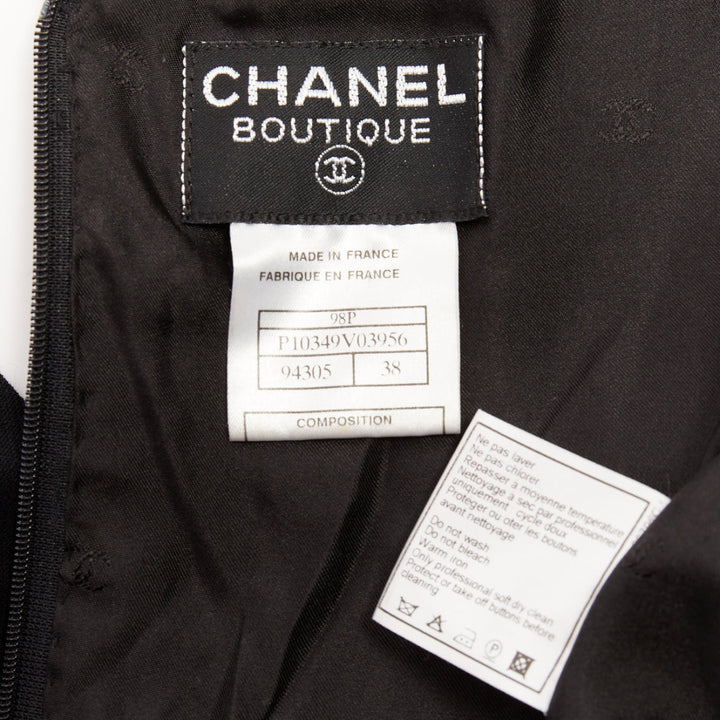 CHANEL 1998 asymmetric surplice black wool crepe cocktail sheath dress FR38 M