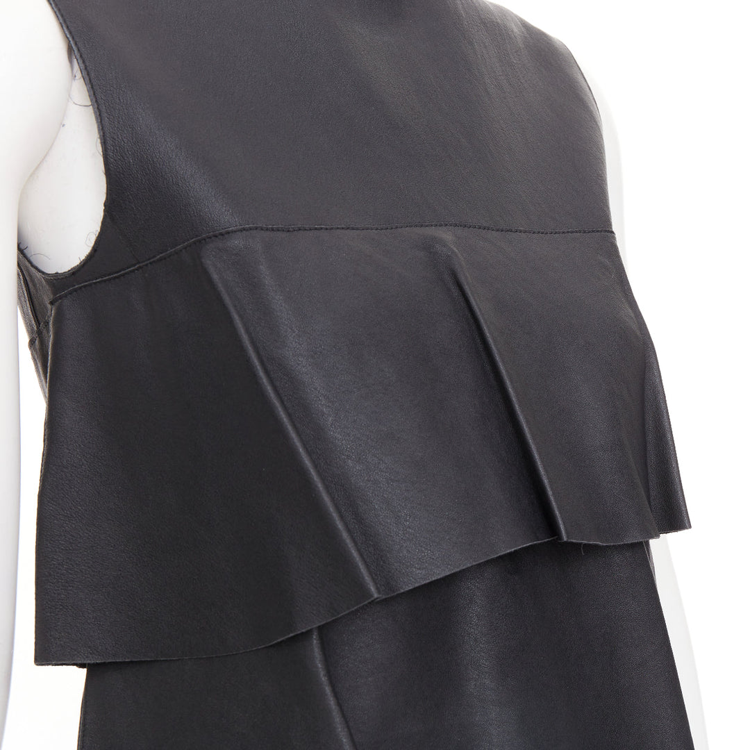 CELINE 2014 Phoebe Philo black lambskin leather crew tiered mini dress FR38 M