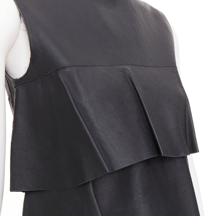 CELINE 2014 Phoebe Philo black lambskin leather crew tiered mini dress FR38 M
