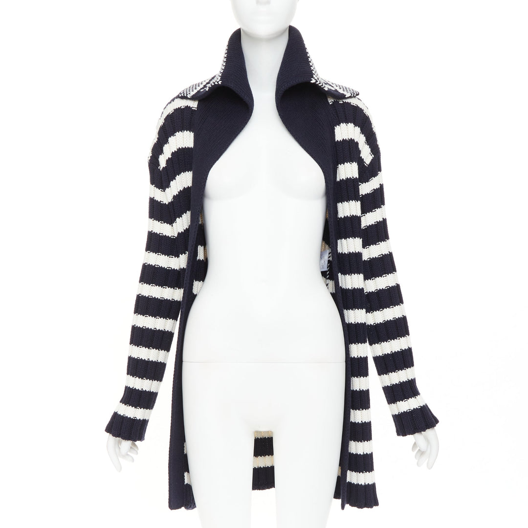 DIOR navy white cotton cashmere logo intarsia back neck striped cardigan FR34 XS