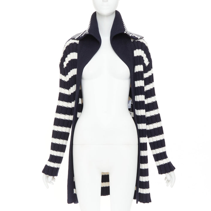 DIOR navy white cotton cashmere logo intarsia back neck striped cardigan FR34 XS