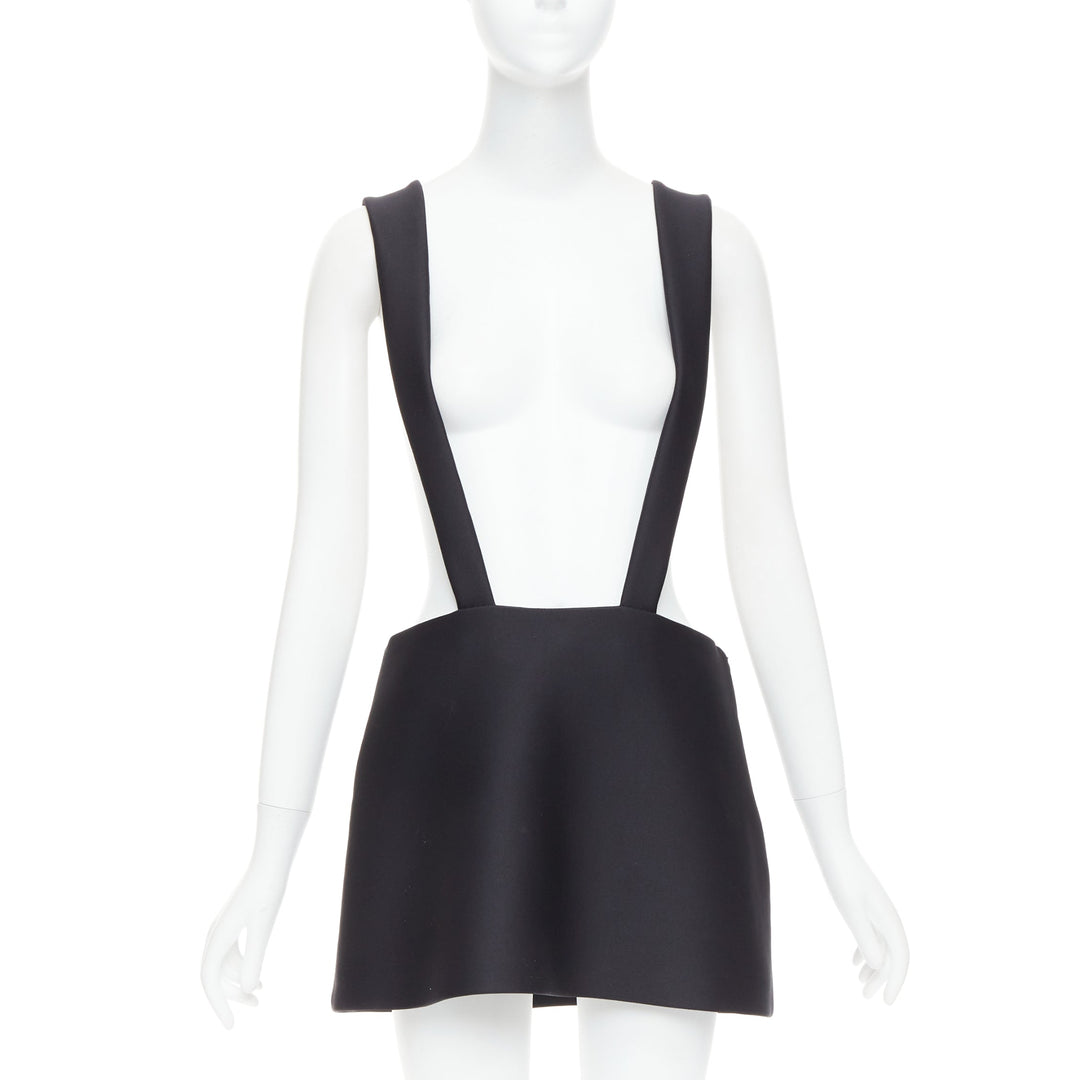 PRADA 2023 black virgin wool blend logo bow back suspender mini skirt IT40 S