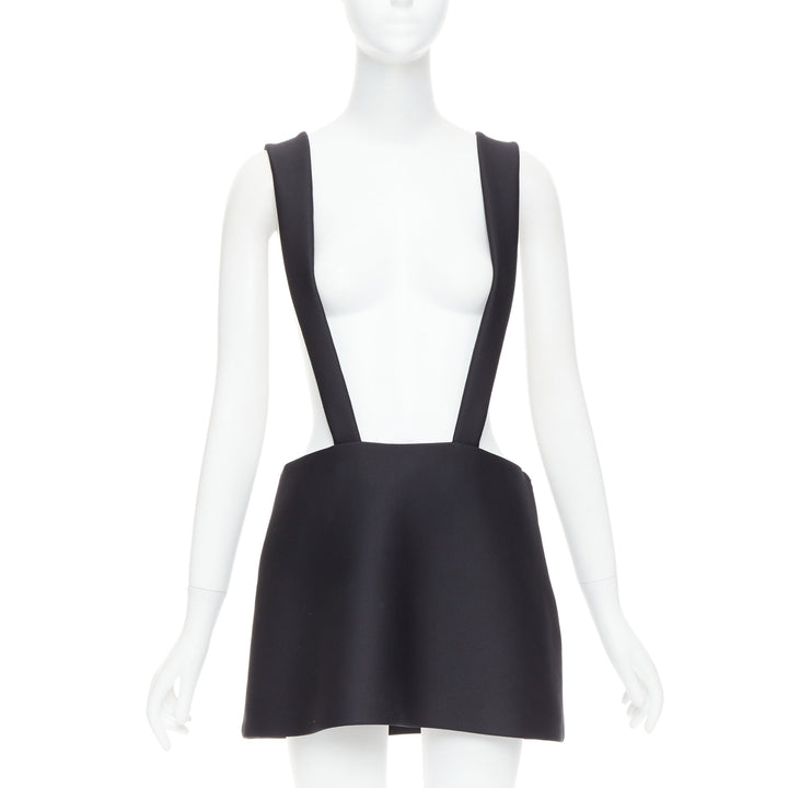 PRADA 2023 black virgin wool blend logo bow back suspender mini skirt IT40 S