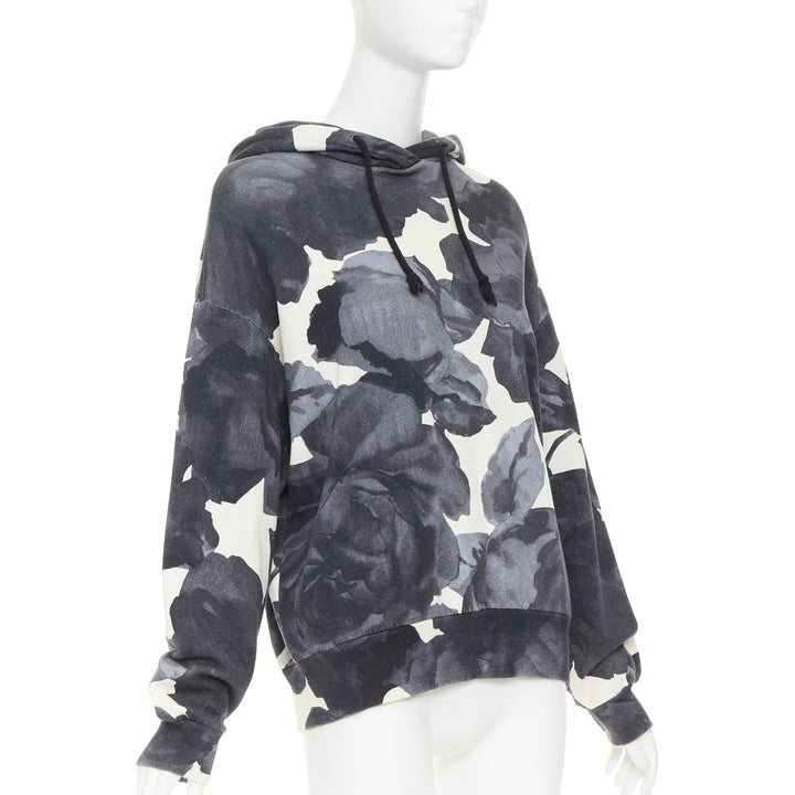DRIES VAN NOTEN grey ivory cotton abstract rose print black drawstring hoodie S