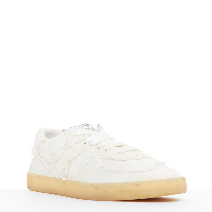 MIU MIU Denim beige raw cut frayed canvas skateboard sneakers EU37