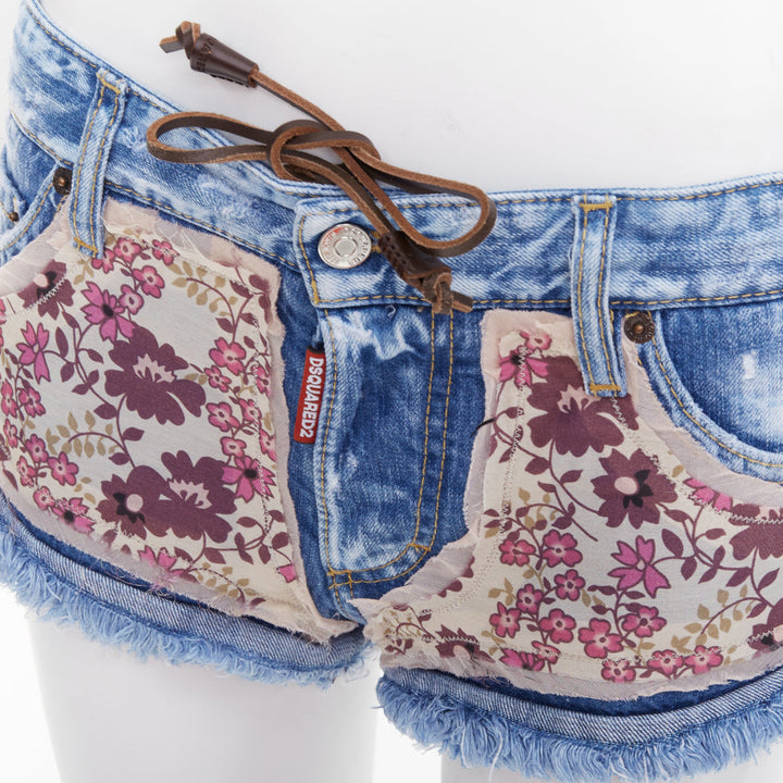 DSQUARED2 pink floral patch blue denim logo cut off mini shorts IT38 XS