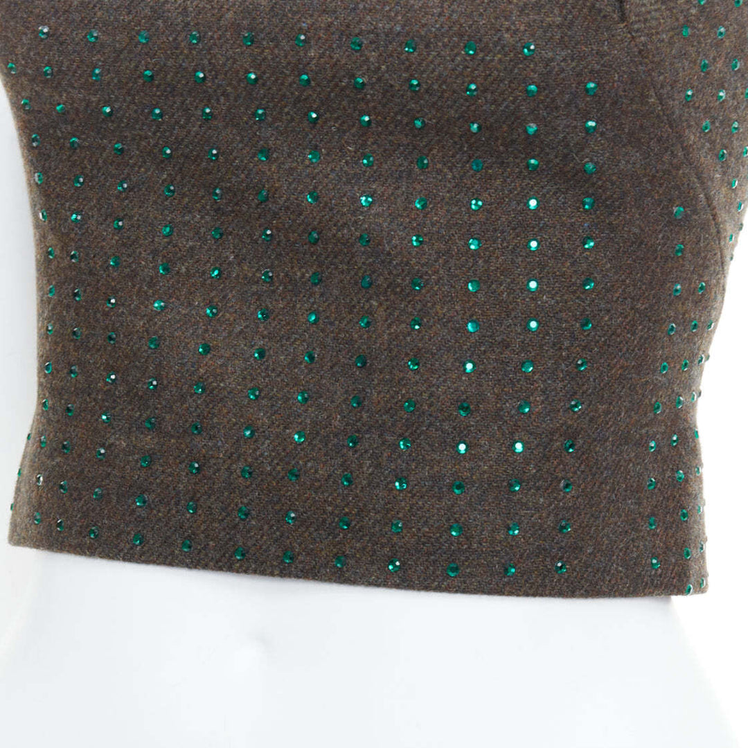 MIU MIU Vintage 1998 Runway fleece wool green crystal bustier top IT38 XS