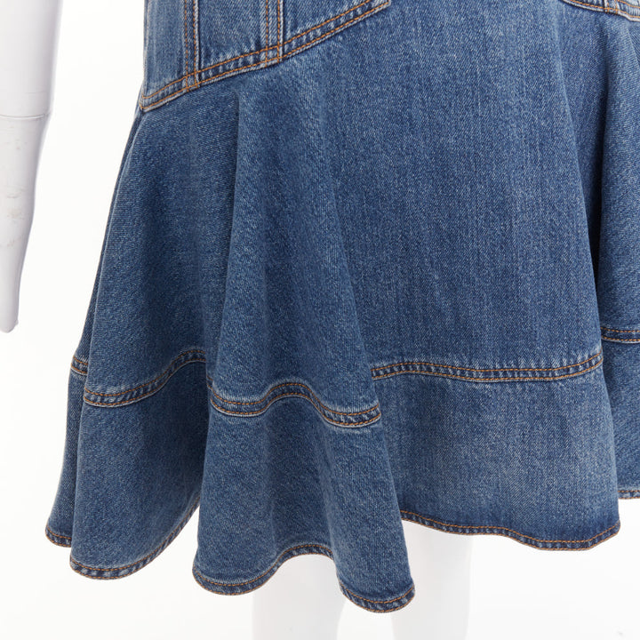 ALEXANDER MCQUEEN 2021 Runway blue denim open boat neck puff sleeve dress IT40 S