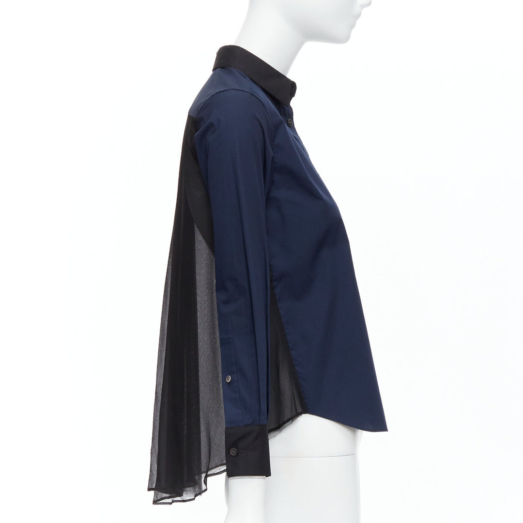 SACAI LUCK navy black sheer pleated flare mesh panel back shirt JP1 S