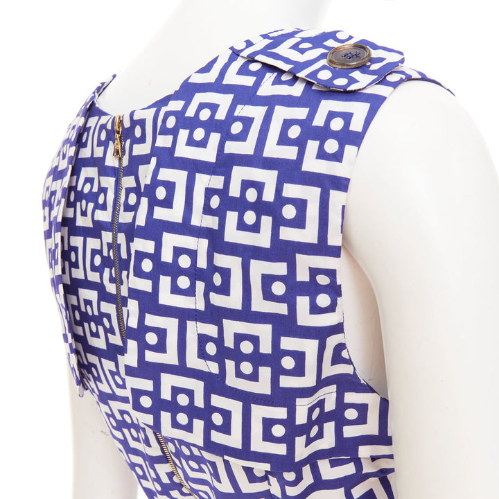 MARNI 2013 blue white cotton geometric print belted peplum V-neck top IT40 S