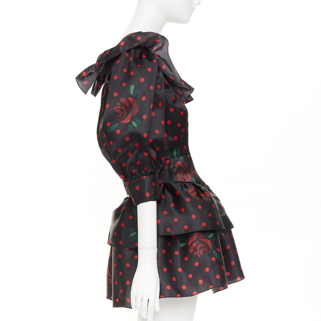 ALESSANDRA RICH 2019 Polka Dot Rose Print silk ruffled puff sleeve dress IT38 XS