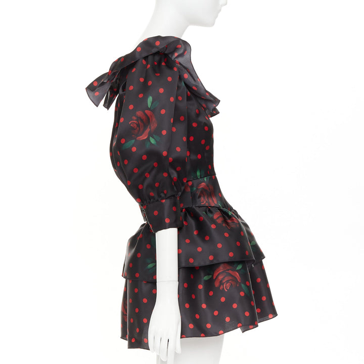 ALESSANDRA RICH 2019 Polka Dot Rose Print silk ruffled puff sleeve dress IT38 XS