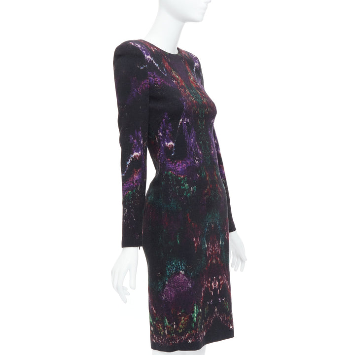 ALEXANDER MCQUEEN 2014 black purple wool feather print sheath dress IT38 XS