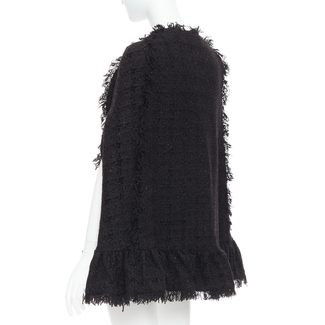 MSGM black tweed gold varsity buttons fringe trim cape coat IT38 XS