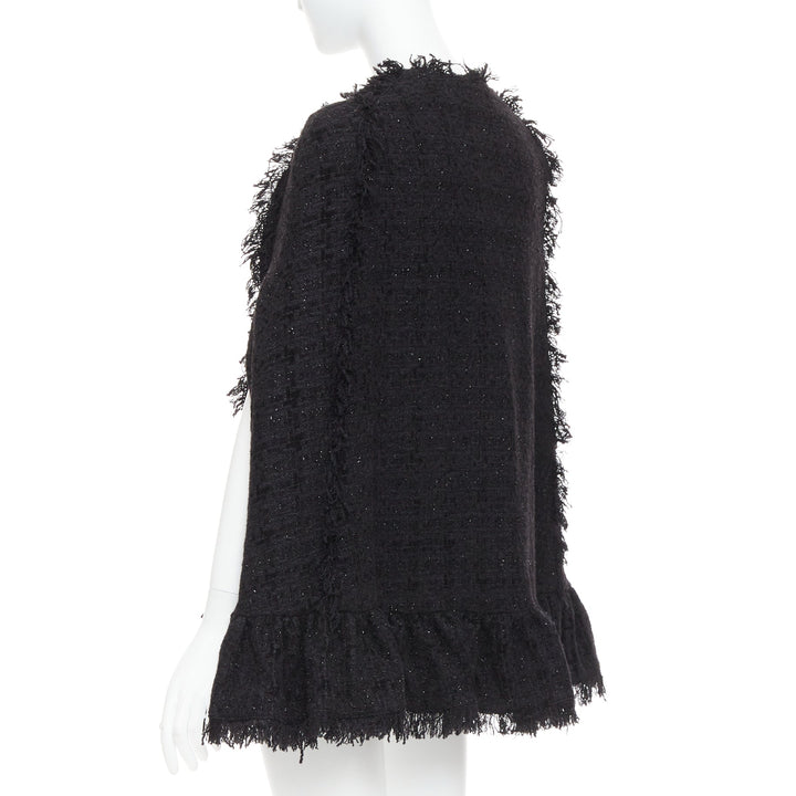 MSGM black tweed gold varsity buttons fringe trim cape coat IT38 XS