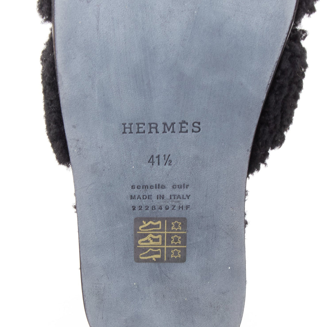 HERMES Oran black shearling H cut out flat block sandals EU41.5
