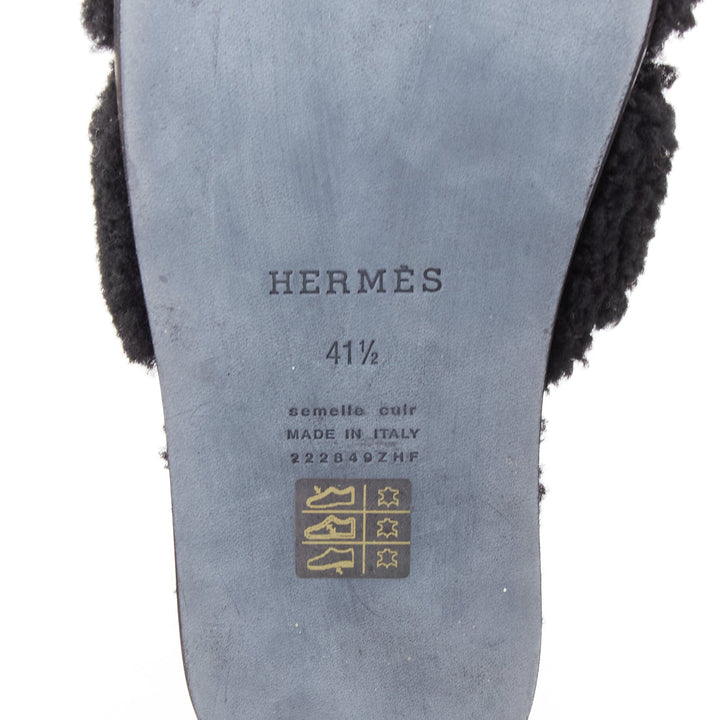 HERMES Oran black shearling H cut out flat block sandals EU41.5