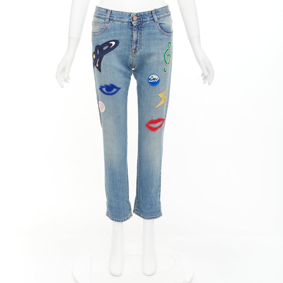 STELLA MCCARTNEY 2015 colorful music notes patch blue crop jeans 25"