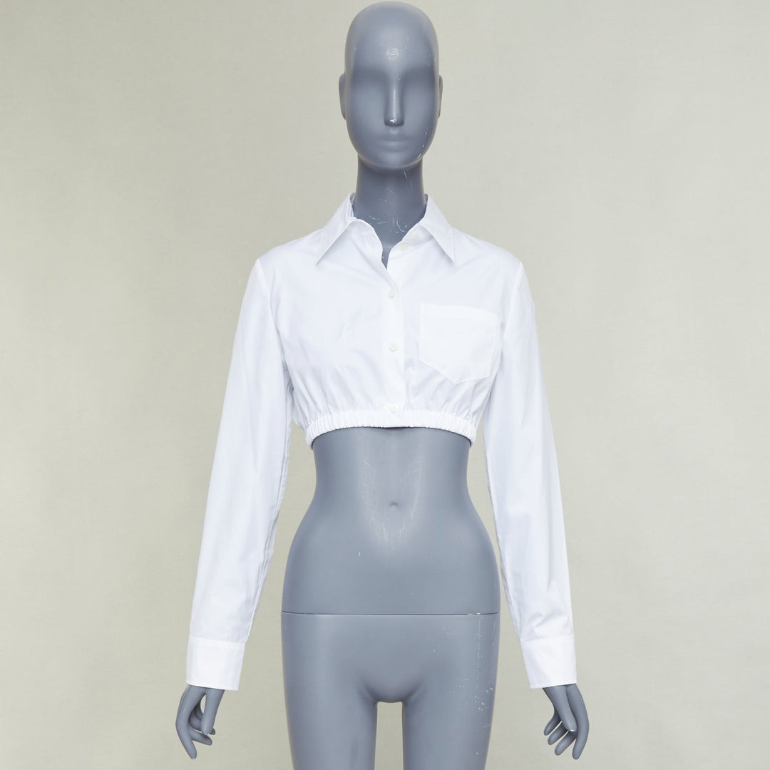 PRADA 2022 white cotton logo embroidered pocket elastic waist crop shirt IT38 XS