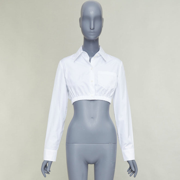 PRADA 2022 white cotton logo embroidered pocket elastic waist crop shirt IT38 XS