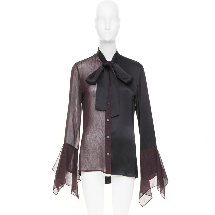 LOEWE asymmetric mixed media black sheer burgundy pussy bow blouse IT36