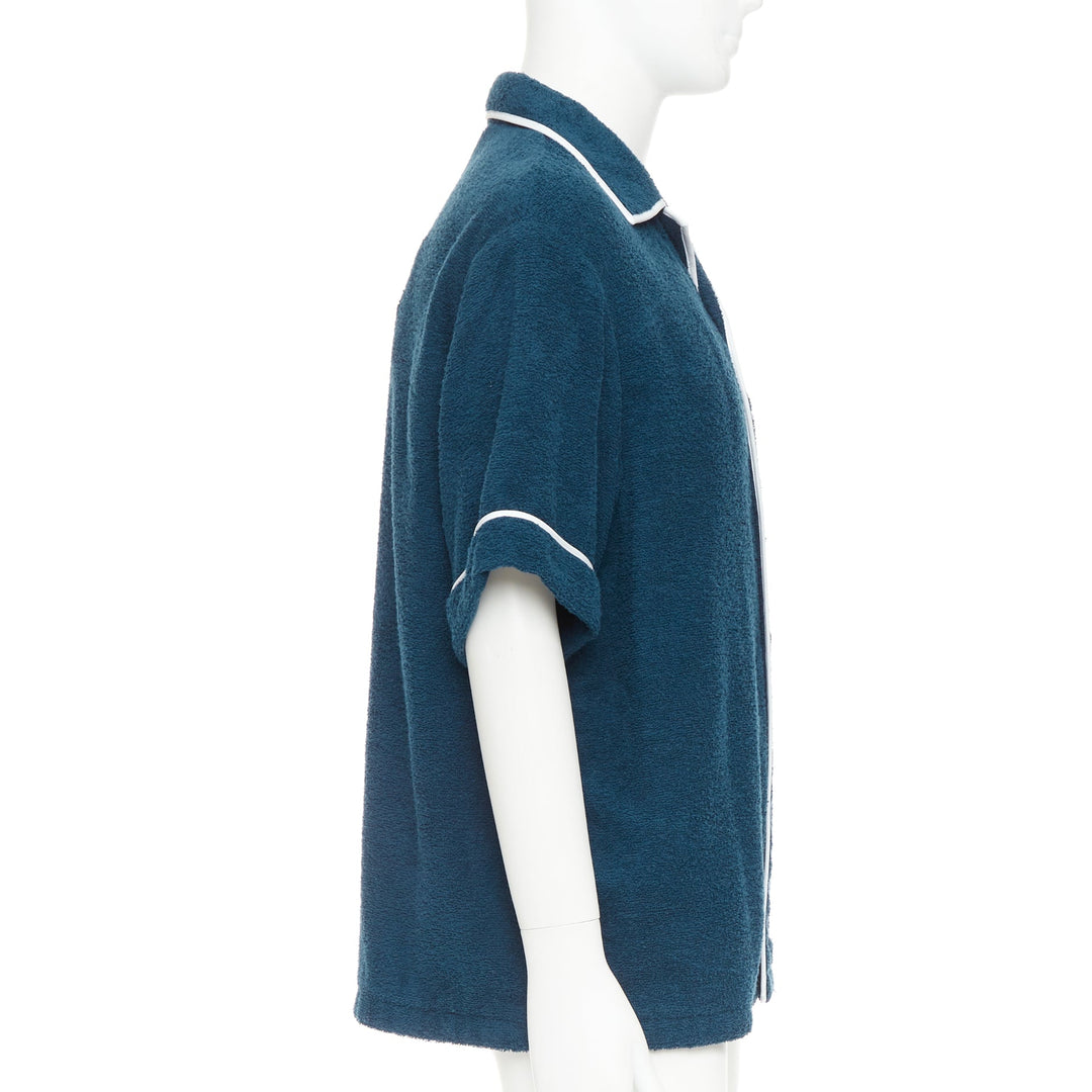 PRADA 2021 navy blue white terry cloth toweling cotton logo bowling shirt M