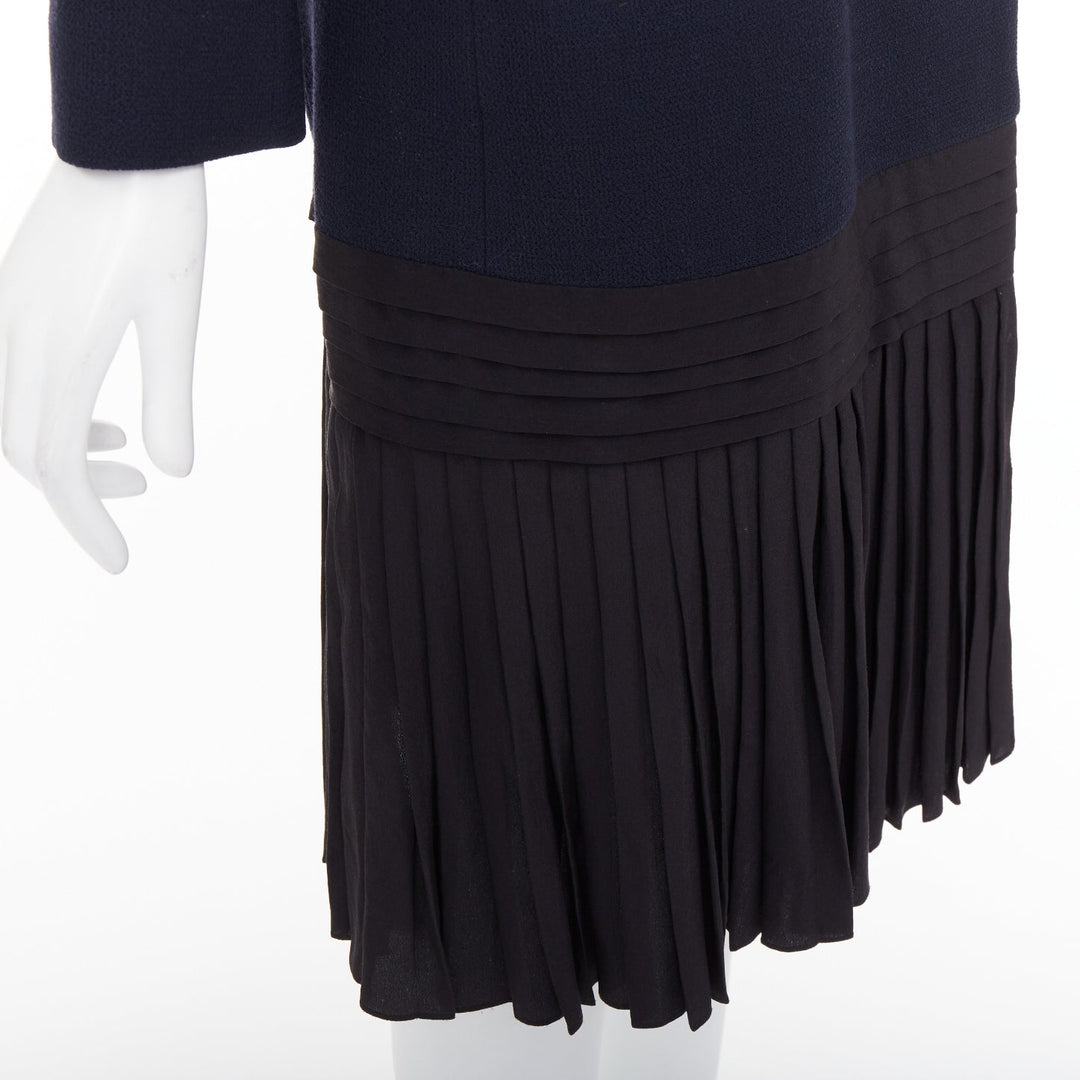 DIOR navy virgin wool silk lined pleated hem belted coat FR36 S