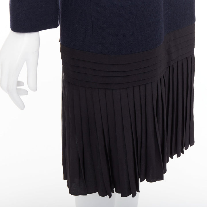 DIOR navy virgin wool silk lined pleated hem belted coat FR36 S