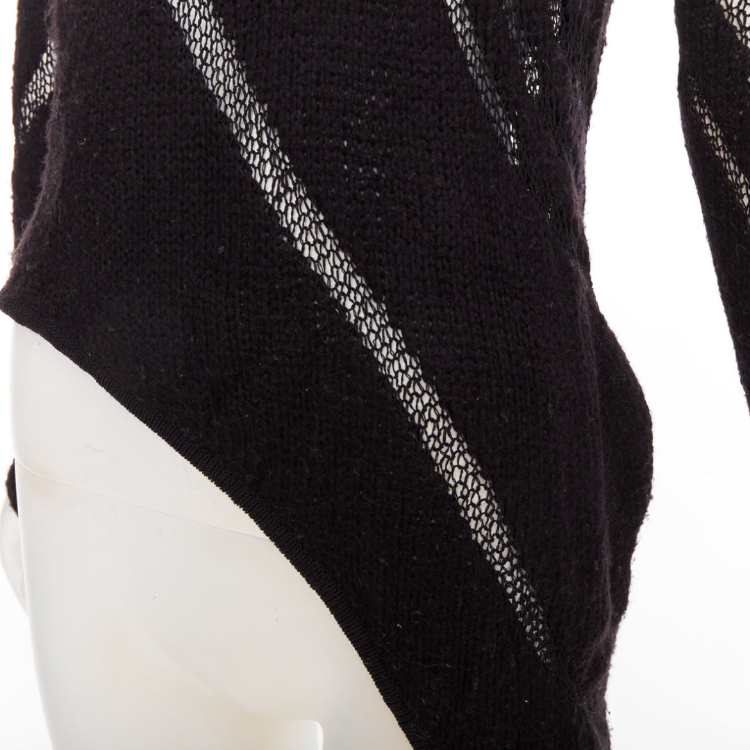 HELMUT LANG black graphic sheer lattice knit asymmetric hem knitted sweater P XS
