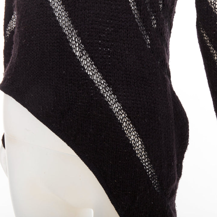 HELMUT LANG black graphic sheer lattice knit asymmetric hem knitted sweater P XS