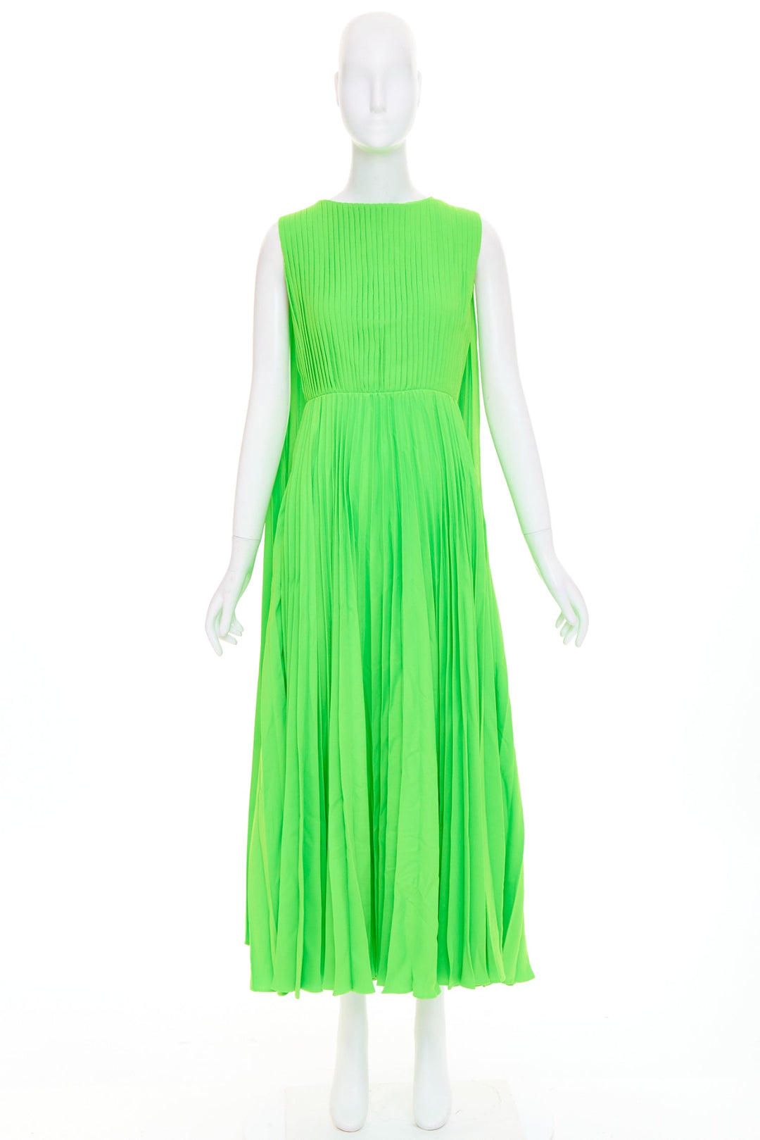 VALENTINO 2019 neon green accordion pleated caped shoulder crepe dress IT40 S