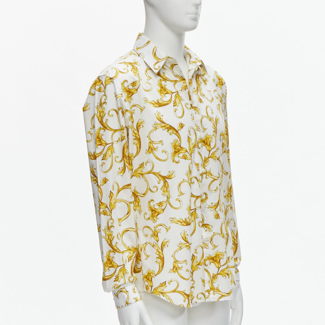 VERSACE Barocco Rococo white gold floral leaf print cotton shirt EU40 M