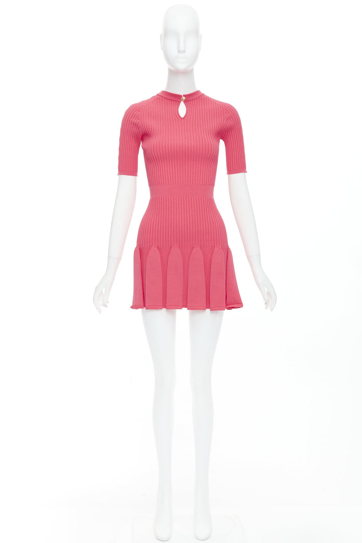 BALMAIN coral pink  keyhole neck ribbed flutter skirt mini dress FR34 XS