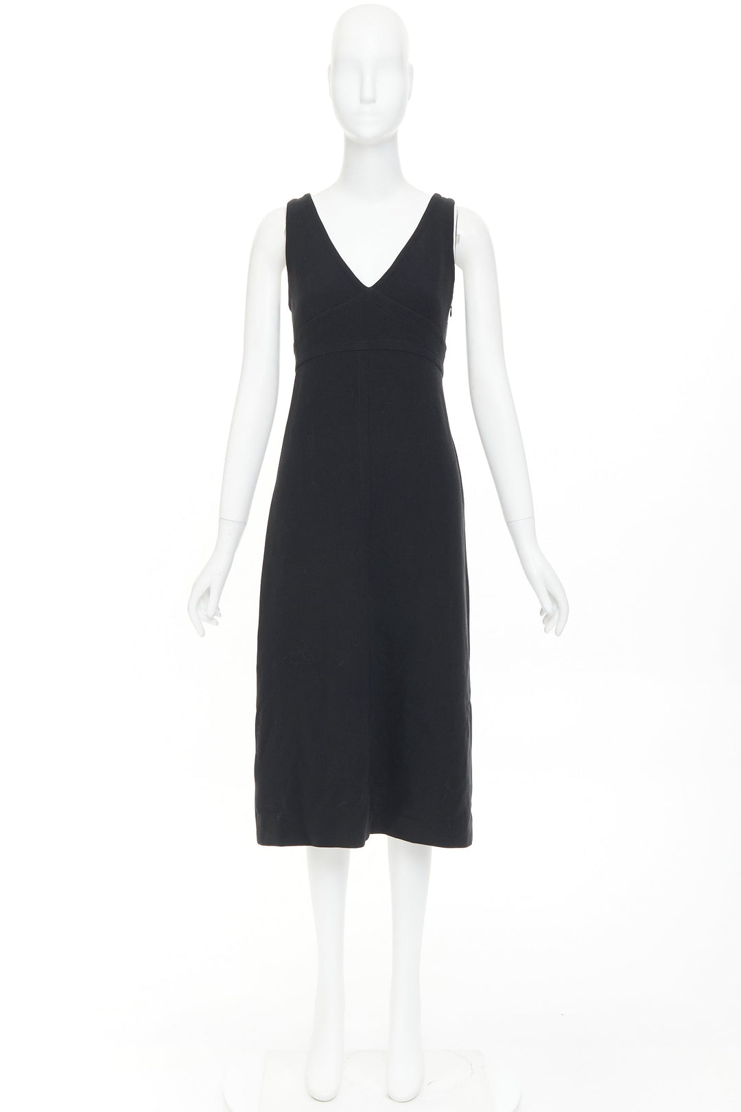 PRADA 1998 Vintage black wool rubber seamed V neck minimal sheath dress IT40 S