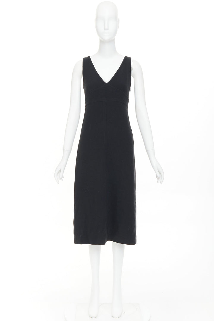 PRADA 1998 Vintage black wool rubber seamed V neck minimal sheath dress IT40 S