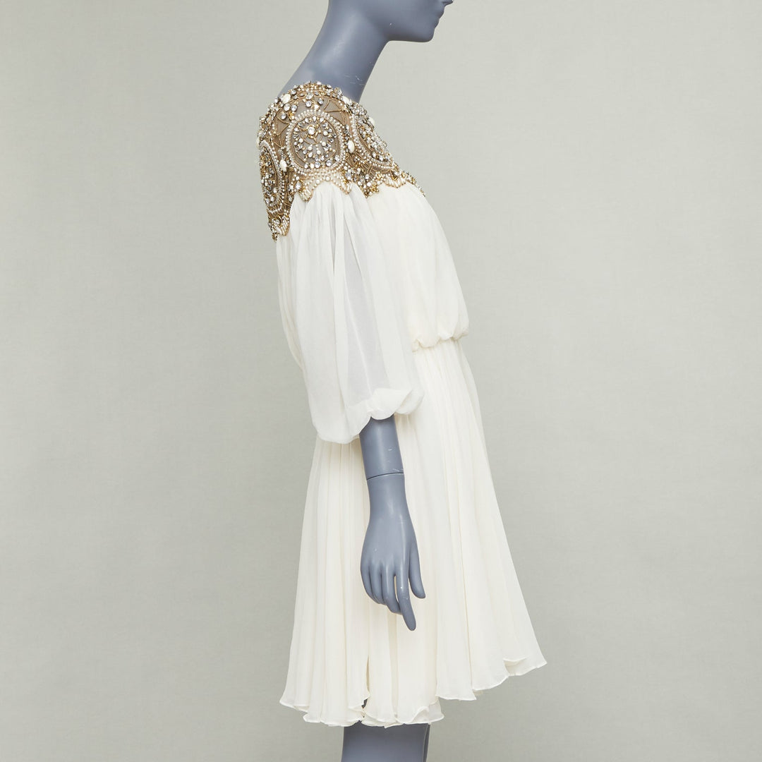 MARCHESA 2012 Runway ivory silk gold beads embellished off shoulder dress US4 S