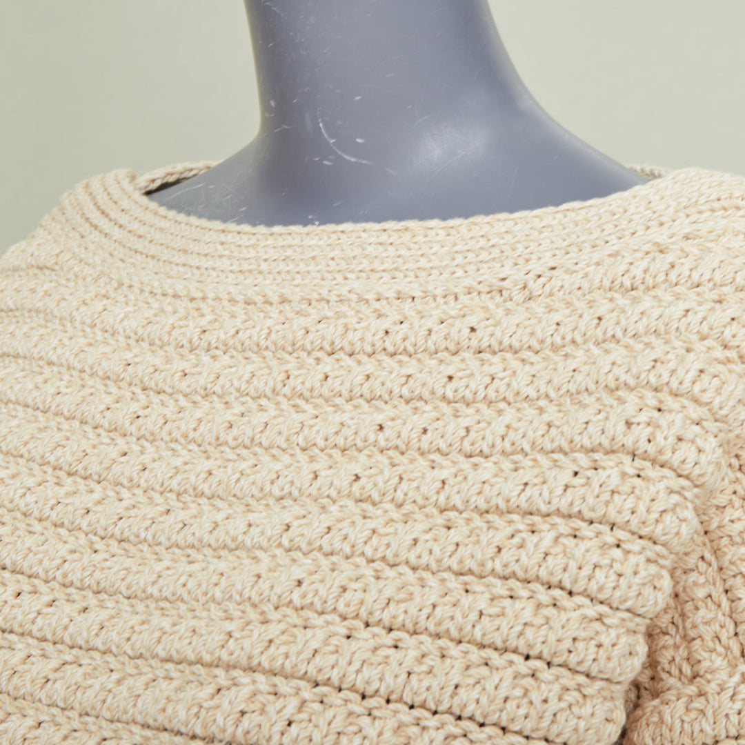 CHANEL 25C Runway garter stitch boat neck oat beige cropped knit top FR36 S