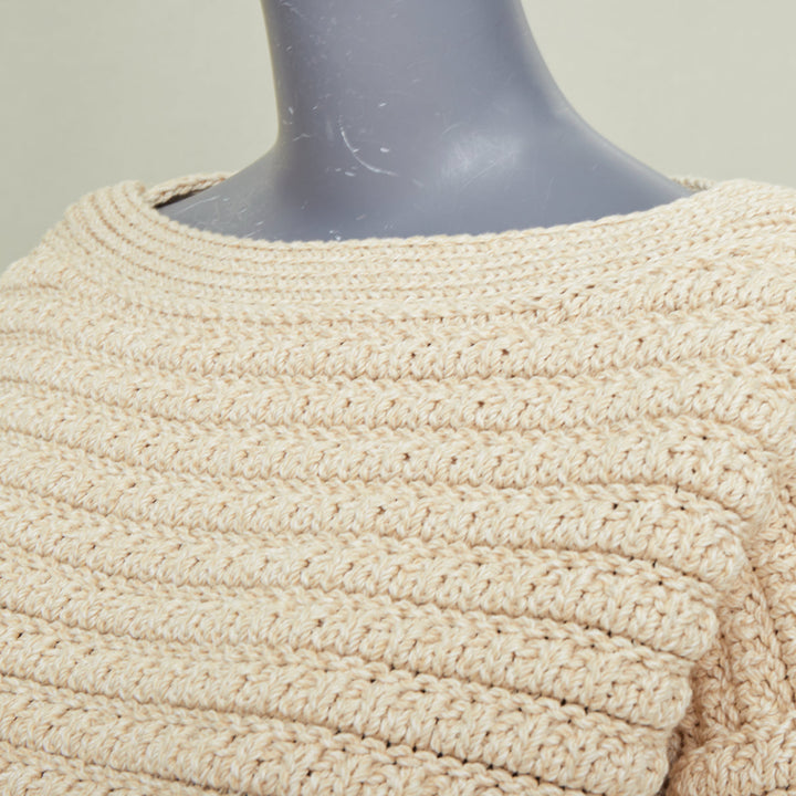 CHANEL 25C Runway garter stitch boat neck oat beige cropped knit top FR36 S