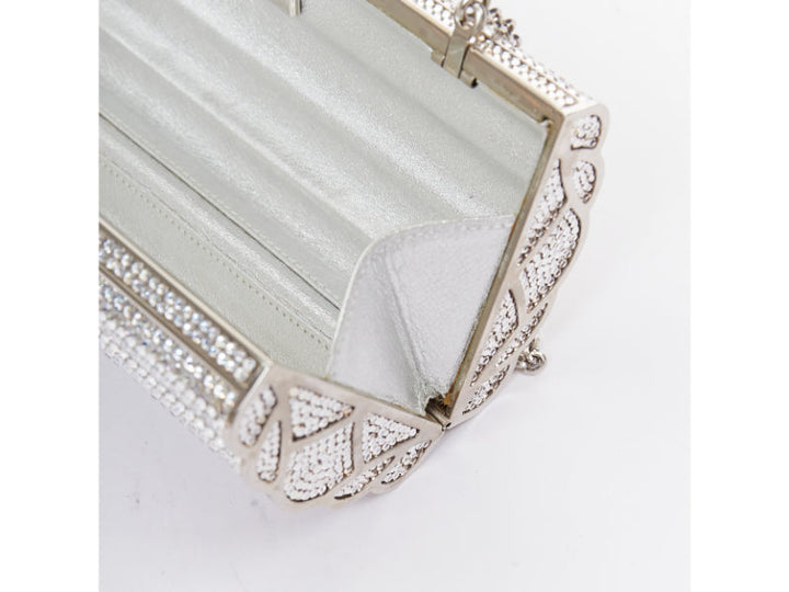 JUDITH LEIBER silver crystal encrusted metal clasp chained minaudiere clutch bag