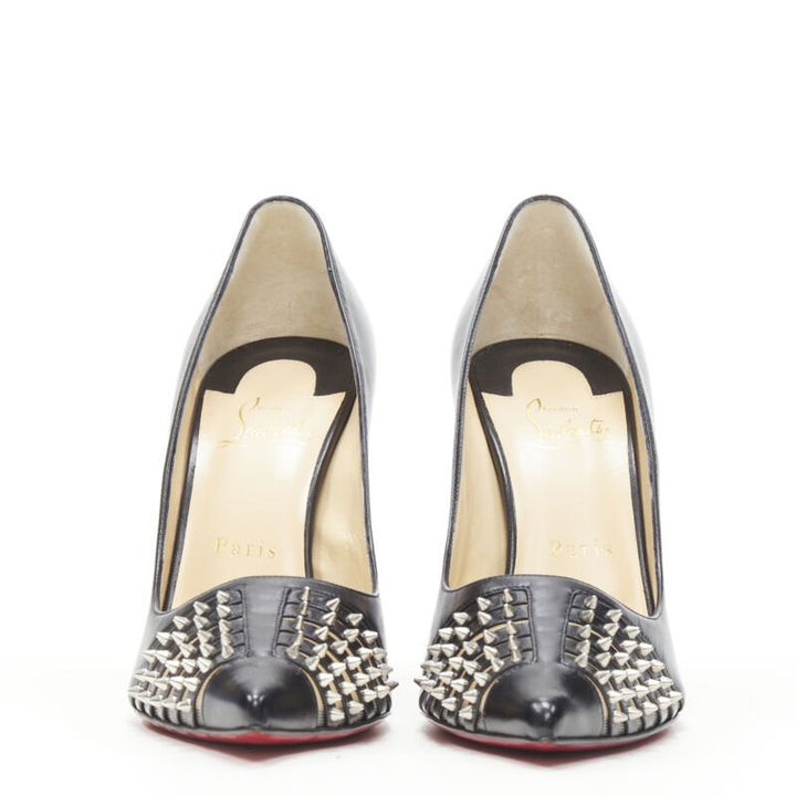 CHRISTIAN LOUBOUTIN Bereta 100 black spike stud mesh pointy pigalle EU38.5