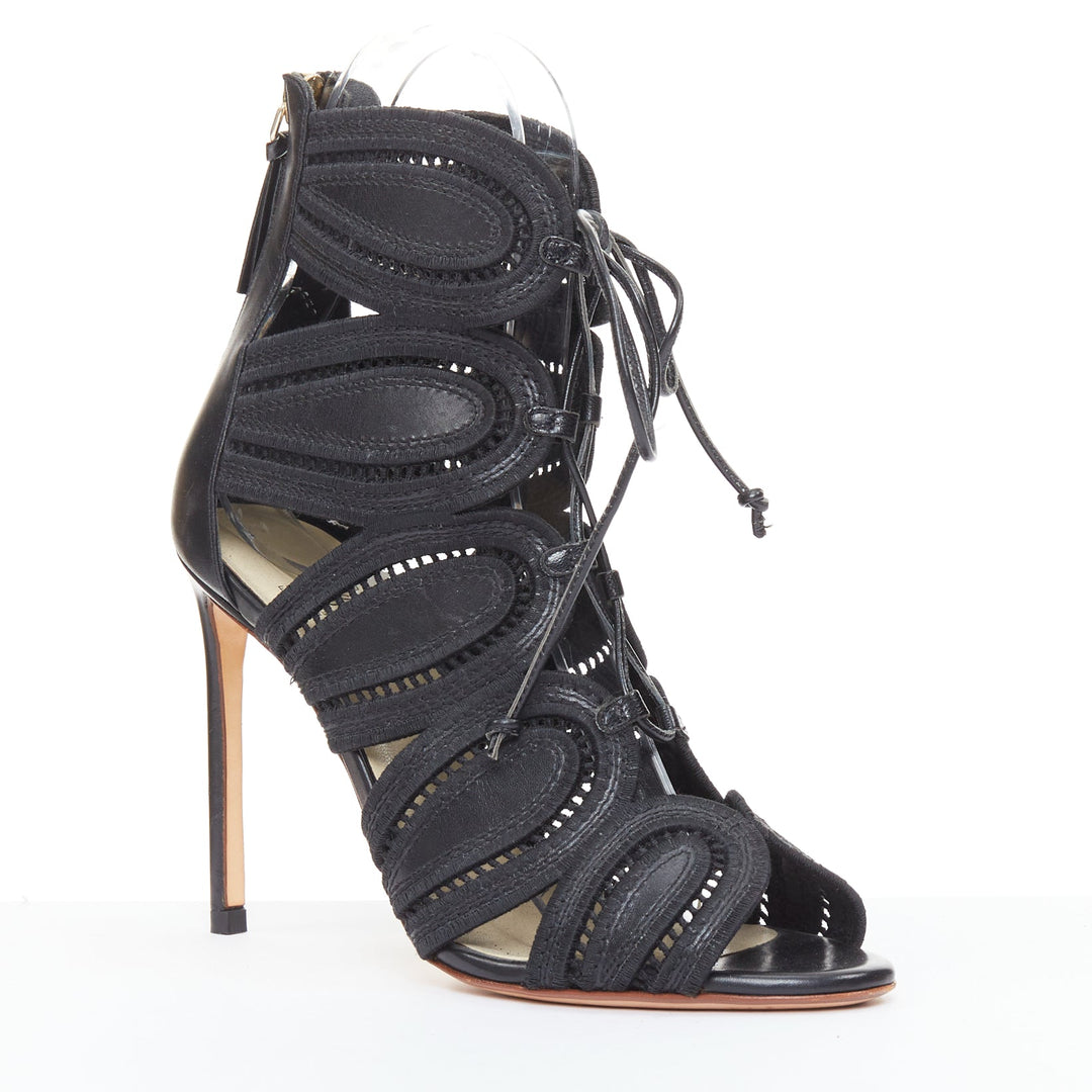 FRANCESCO RUSSO 2016 black leather Teardrop Cage topstitch lace up sandals EU35