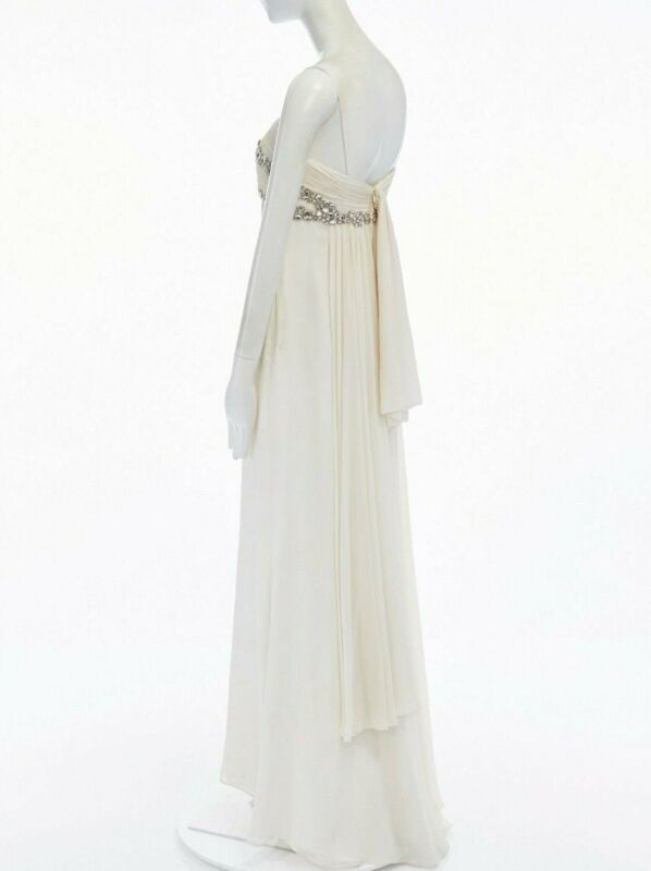 MARCHESA NOTTE cream crystal jewel embellished pleated bust evening gown dress M