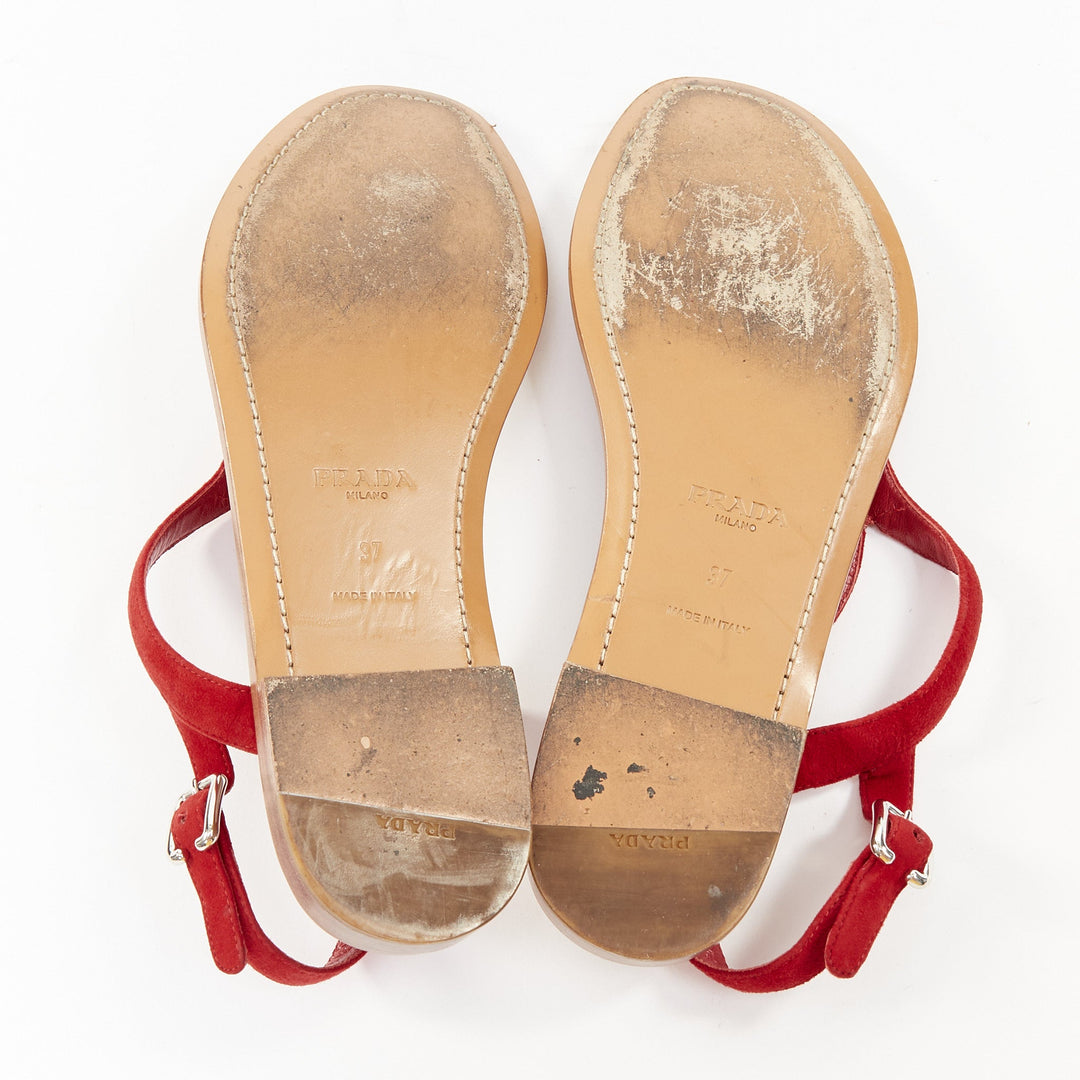 PRADA red suede leather wavy tstrap thong ankle buckle comfort flat sandals EU37