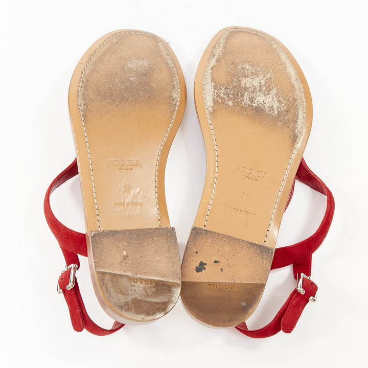 PRADA red suede leather wavy tstrap thong ankle buckle comfort flat sandals EU37