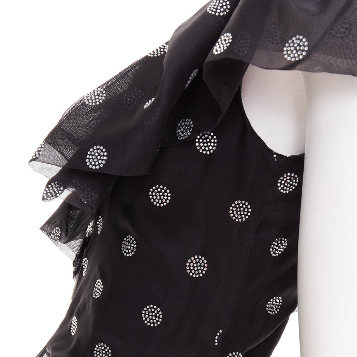 ALEXANDRE VAUTHIER SS2019 black chiffon silver crystal ruffle one shoulder dress