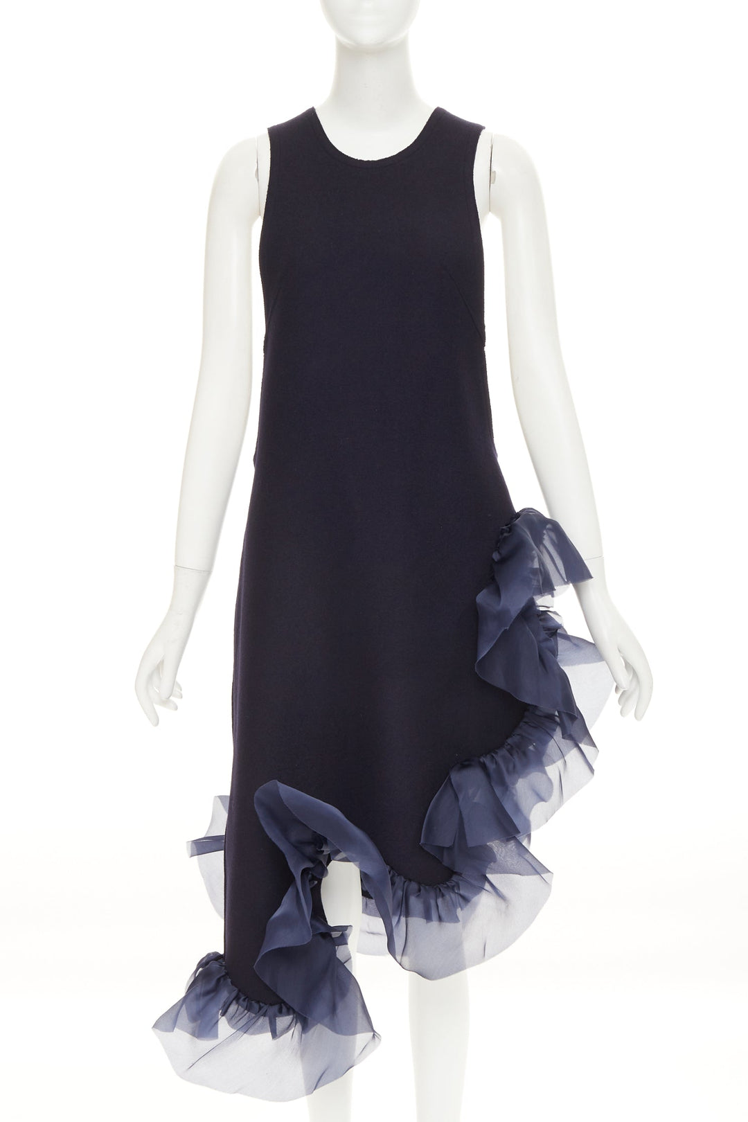 ROBERTS WOOD navy wool felt silk ruffle asymmetric shift dress S