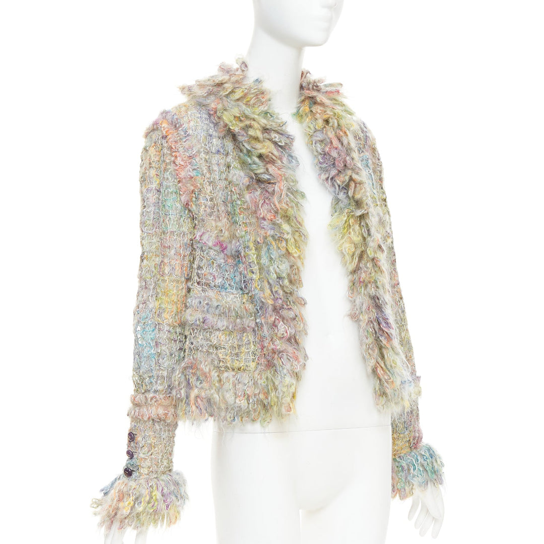 rare CHANEL 03A Runway multicolor fluffy mohair boucle tweed jacket FR42 XL