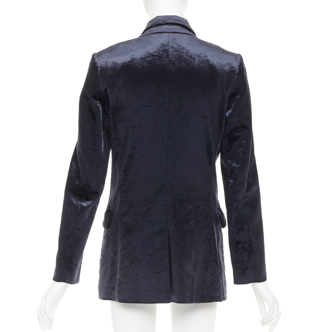 BRUNELLO CUCINELLI navy velvet brass logo buttons double breasted blazer IT40 S